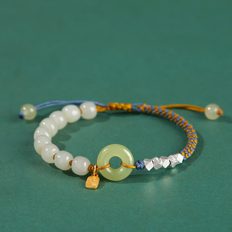Pulsera de plata de ley 925 con hebilla de paz y jade hetiano con cuentas de suerte y felicidad