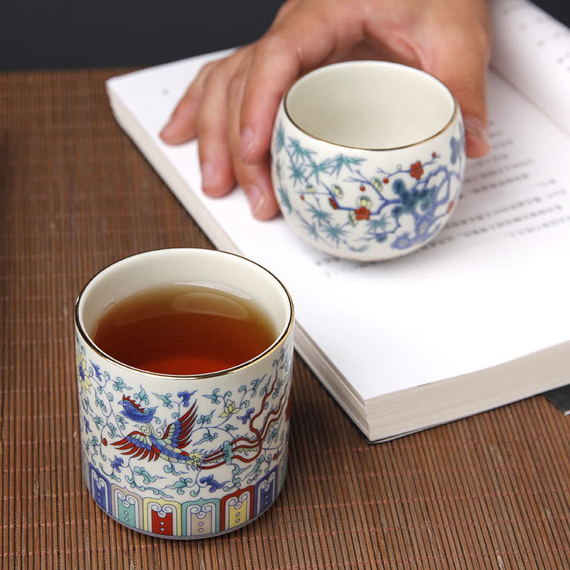Tazas de té de cerámica con Buddha Stones, Vintage, flor de ciruelo, pino, bambú, Phoenix, Kirin, León, baile