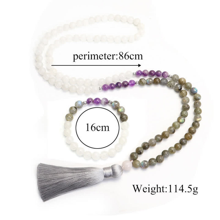 Pulsera de protección de piedra con brillo negro, 108 cuentas Mala, ágata blanca, amatista
