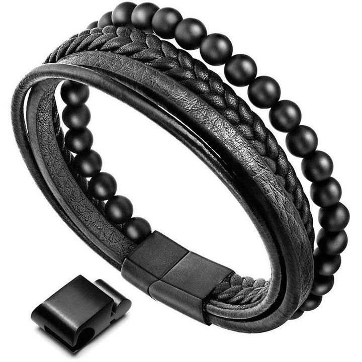 Pulsera de cuero con cuentas de ónix negro y roca de lava natural con Buddha Stones