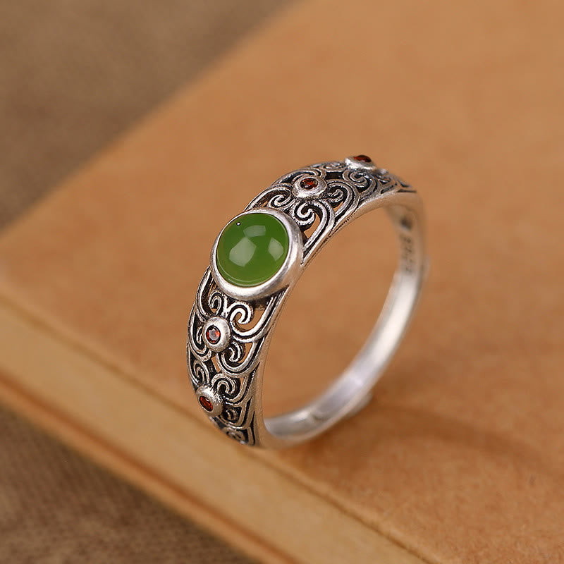 Anillo ajustable de armonía de jade cian hetiano de plata de ley 925 con Buddha Stones