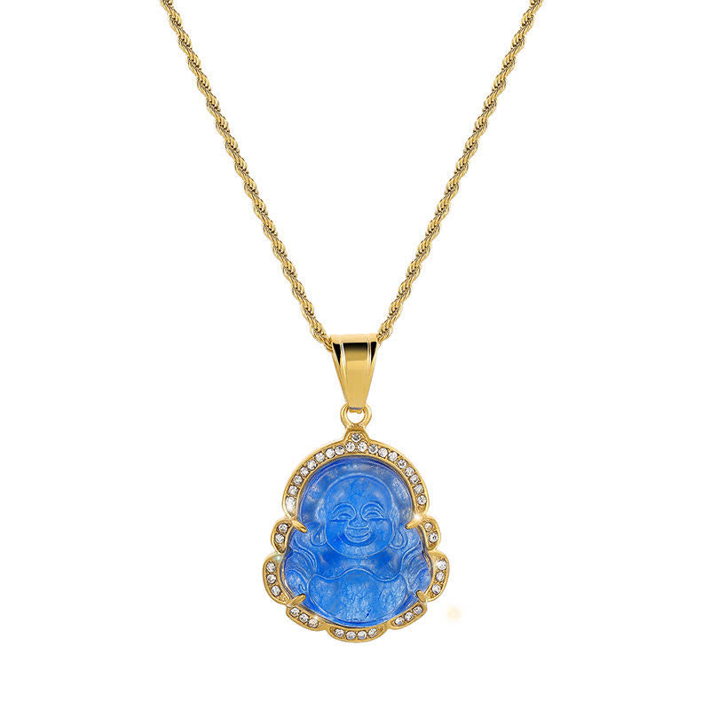 Colgante de cadena con collar de la suerte de jade de Buda sonriente relleno de oro de 18 quilates con Buddha Stones - image 15
