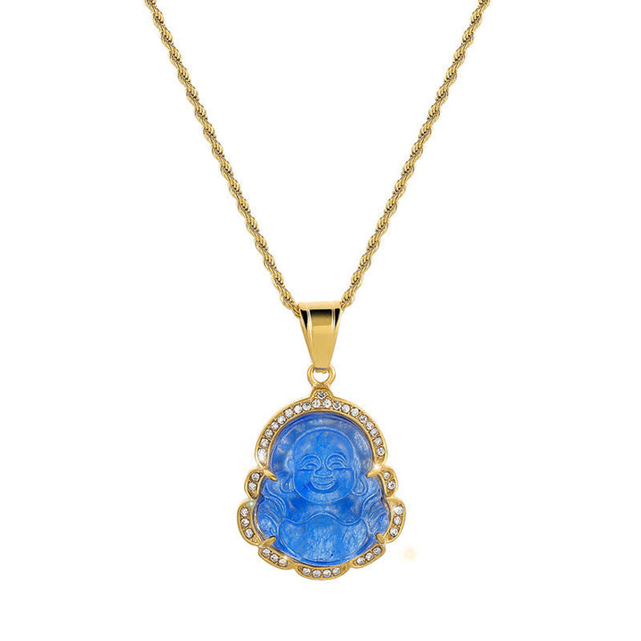 Colgante de cadena con collar de la suerte de jade de Buda sonriente relleno de oro de 18 quilates con Buddha Stones - image 15