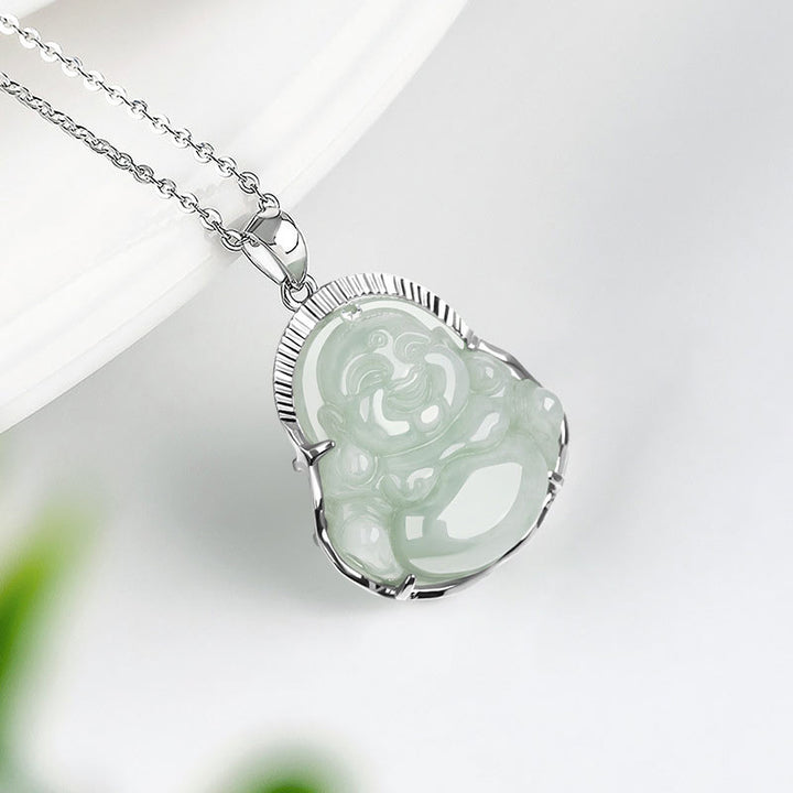 Collar con colgante de cadena de plata de ley 925 con Buddha Stones , Buda sonriente, jade, suerte y calma - image 4