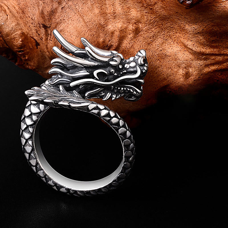 Anillo ajustable de plata de ley 990 con Buddha Stones , diseño de dragón vintage, protección de la suerte y fuerza