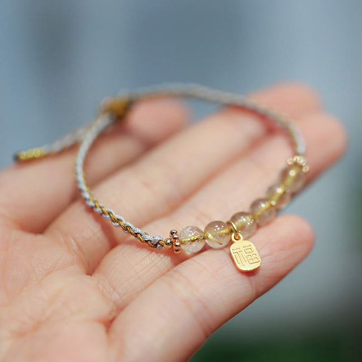 Pulsera trenzada de la suerte con carácter Fu de Cuarzo rutilado con calabaza de jade natural de plata de ley 925