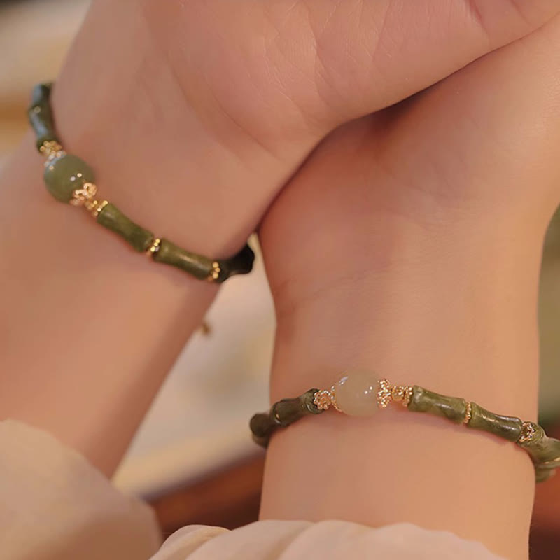 Pulsera de la suerte con patrón de bambú de jade hetiano, peridoto chapado en cobre de 14 quilates con Buddha Stones