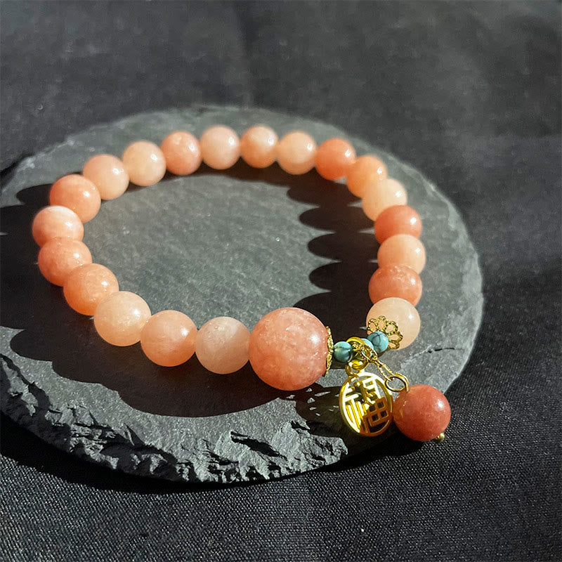 Pulsera de la fortuna con Buddha Stones, piedra naranja natural, turquesa, carácter Fu