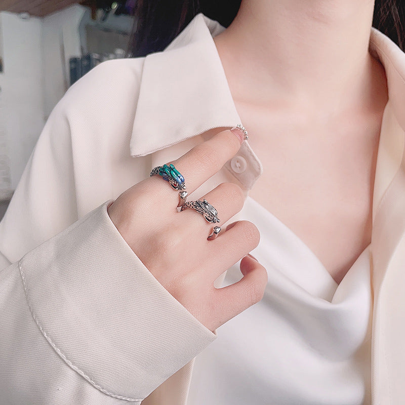 Anillo de metal ajustable con protección de la suerte del Año del Dragón de plata de ley 925 con Buddha Stones
