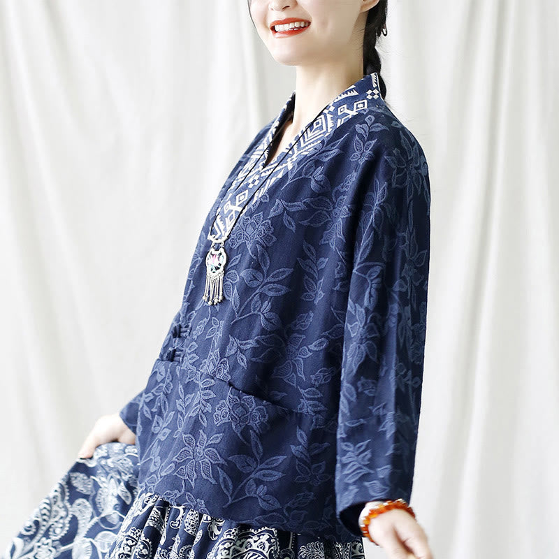 Chaqueta de manga larga con cuello en V y jacquard floral con Buddha Stones