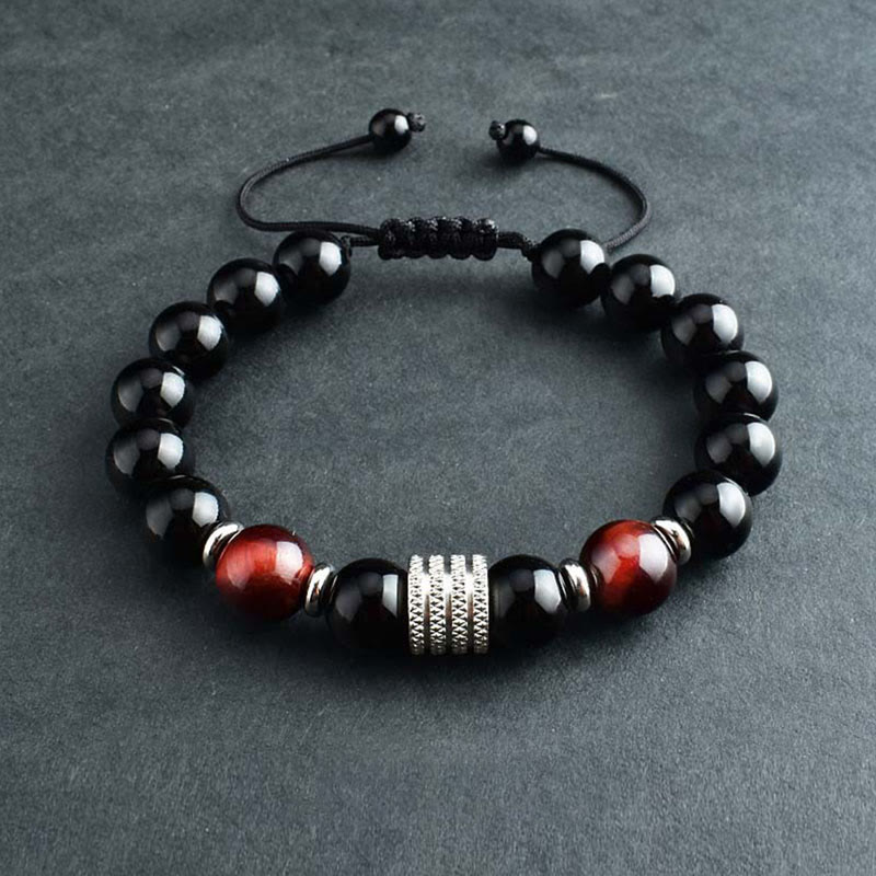 Pulsera de cumplimiento de fuerza de ojo de tigre de obsidiana negra natural con Buddha Stones - Obsidiana negra y ojo de tigre rojo - Cuerda trenzada - image 11