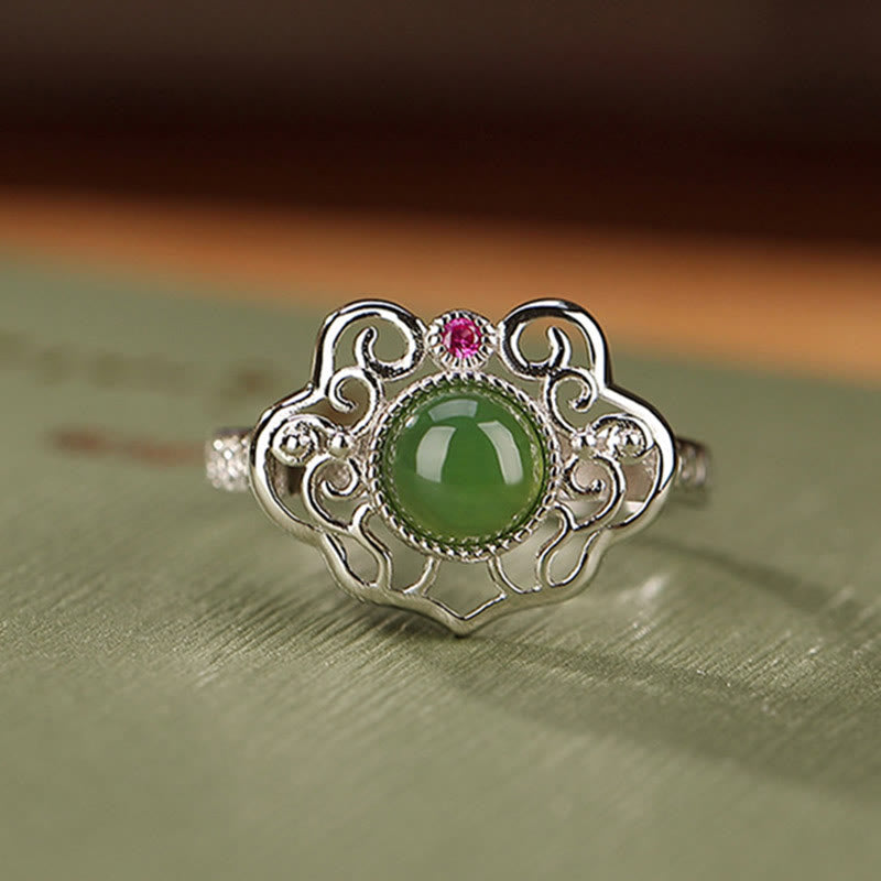Juego de pendientes de anillo de la suerte con diseño hueco de jade cian hetiano natural de plata de ley 925 con Buddha Stones