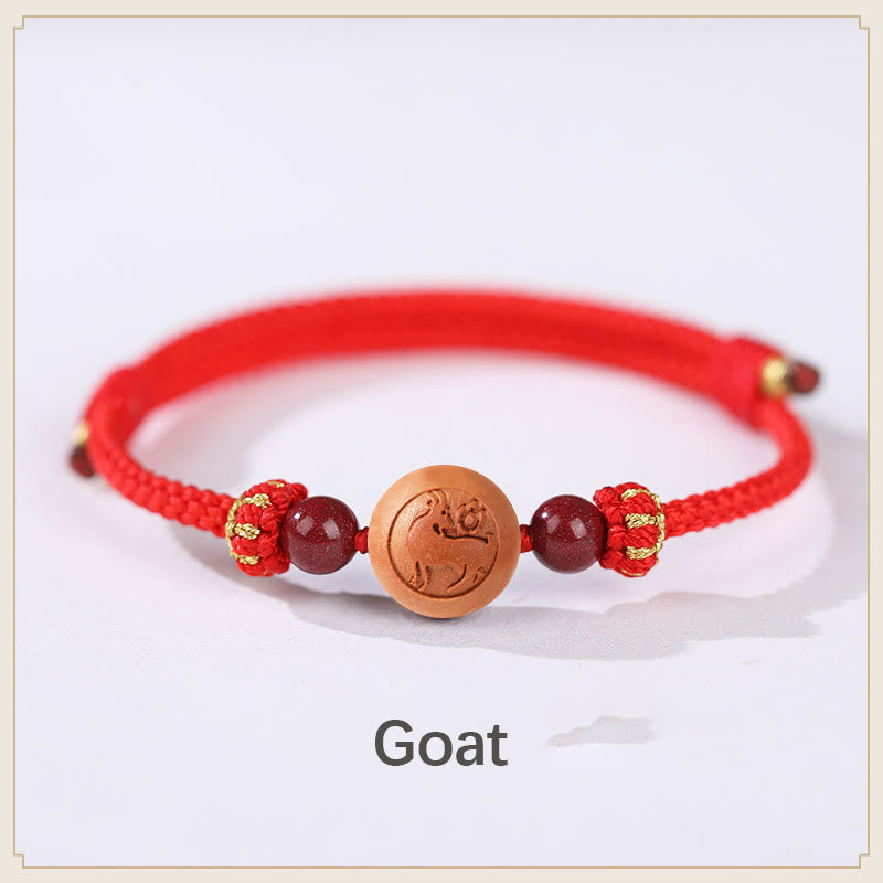 Pulsera de riqueza de cinabrio tallada con carácter del zodíaco chino, madera de melocotón Natural, Buddha Stones