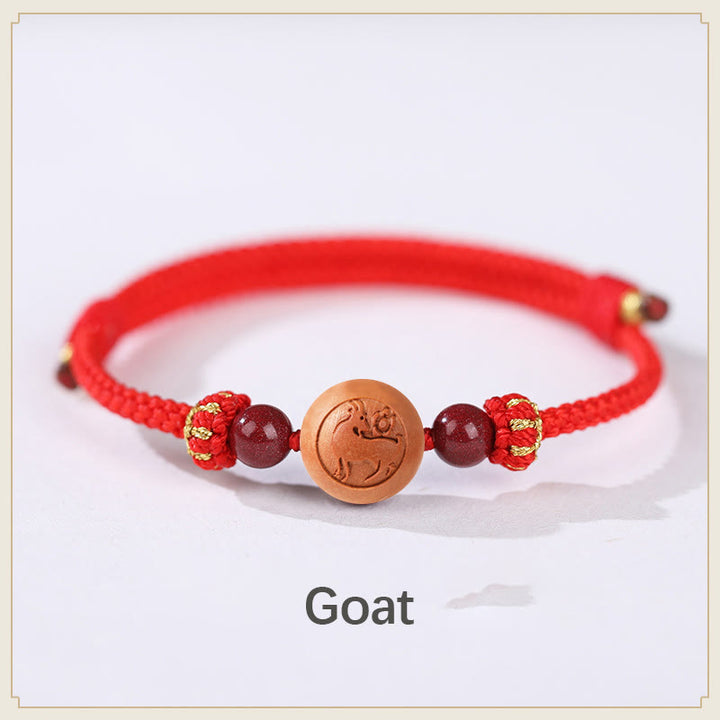 Pulsera de riqueza de cinabrio tallada con carácter del zodíaco chino, madera de melocotón Natural, Buddha Stones