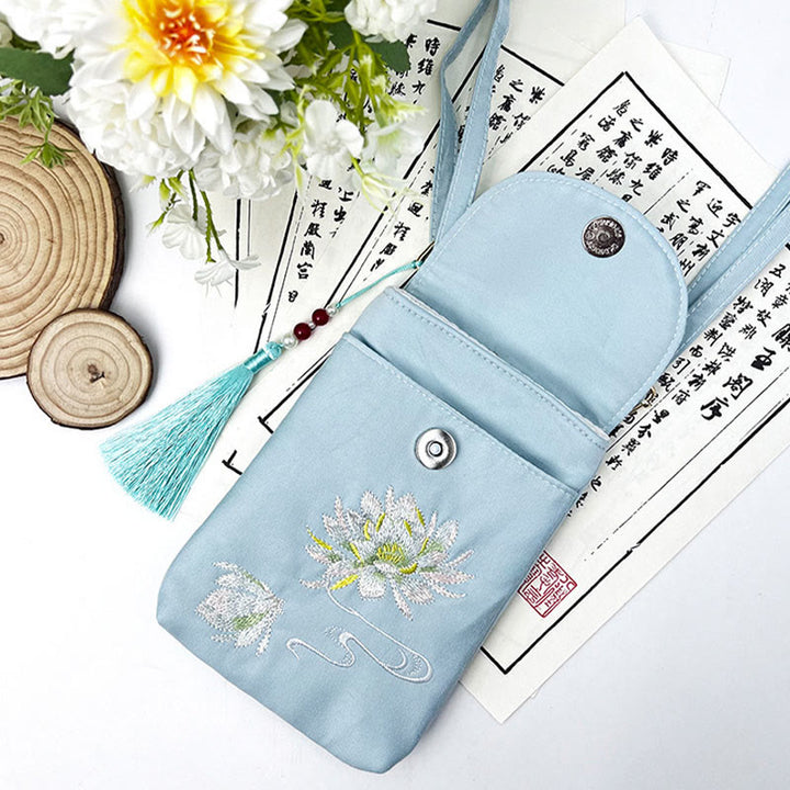 Bolso bandolera con flores bordadas pequeñas y Buddha Stones, bolso de hombro, bolso para móvil de doble capa