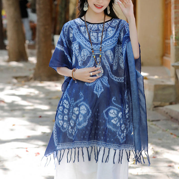 Jersey de viaje acogedor con borlas y chal teñido añil de mariposa azul con Buddha Stones 90*95cm