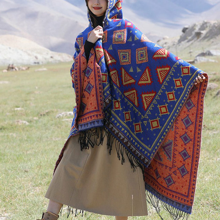 Buddha Stones Chal Tibetano Patrón Triángulo Capa Con Capucha Invierno Acogedor Bufanda De Viaje Envoltura