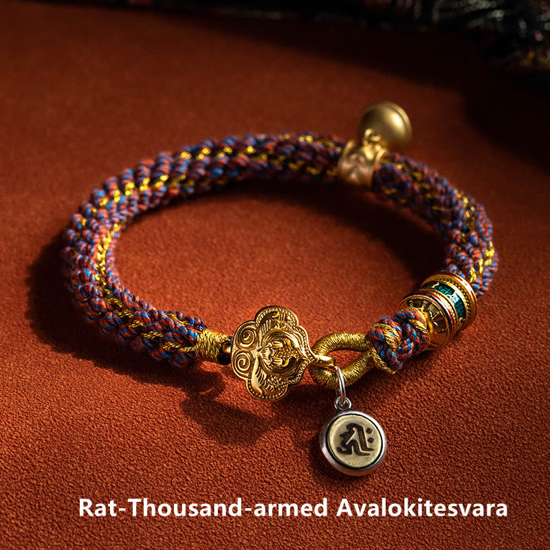 Pulsera de cuerda trenzada con campana de la suerte, Om Mani Padme Hum, Buda natal del zodíaco chino, Plata de Ley 925 con Buddha Stones