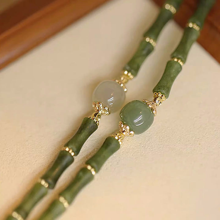 Pulsera de la suerte con patrón de bambú de jade hetiano, peridoto chapado en cobre de 14 quilates con Buddha Stones