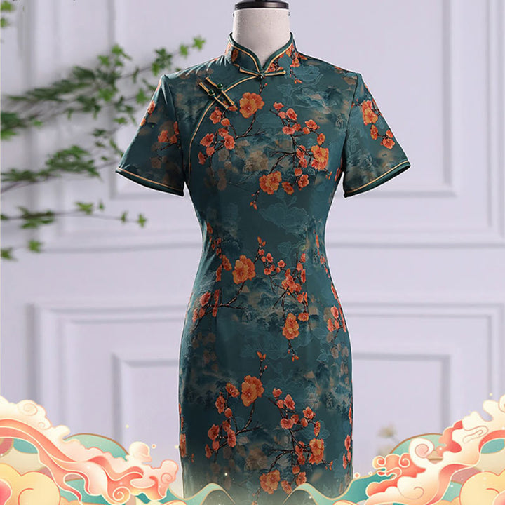 Vestido Cheongsam para mujer con estampado de plumas de peonía y flor de loto Retro con Buddha Stones - image 5