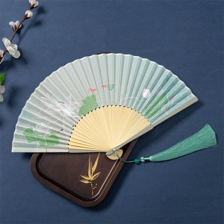 Abanico plegable de bambú de seda de mano con Buddha Stones , loto, flor de Begonia, jazmín, 21cm