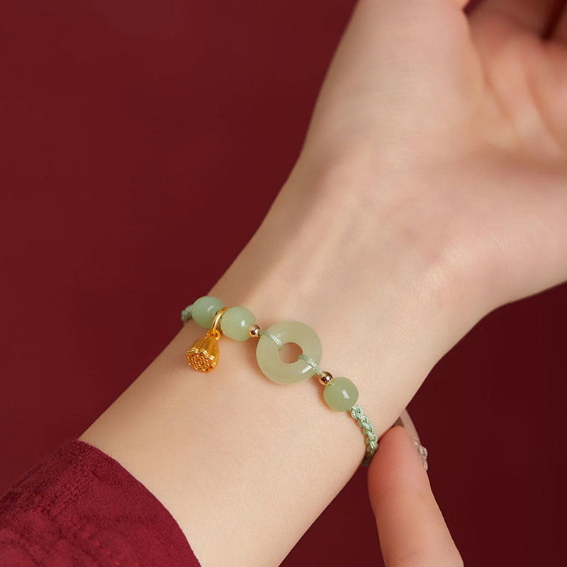 Pulsera de Buddha Stones, hebilla redonda de la paz, Jade, loto, felicidad, abundancia y riqueza