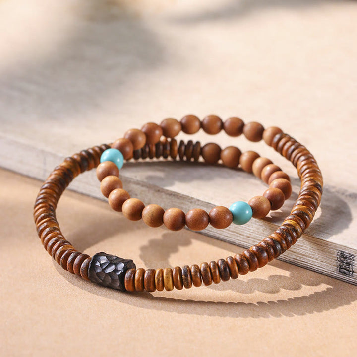 Pulsera de doble vuelta con protección de sándalo, turquesa y sándalo rojo de hoja pequeña con Buddha Stones