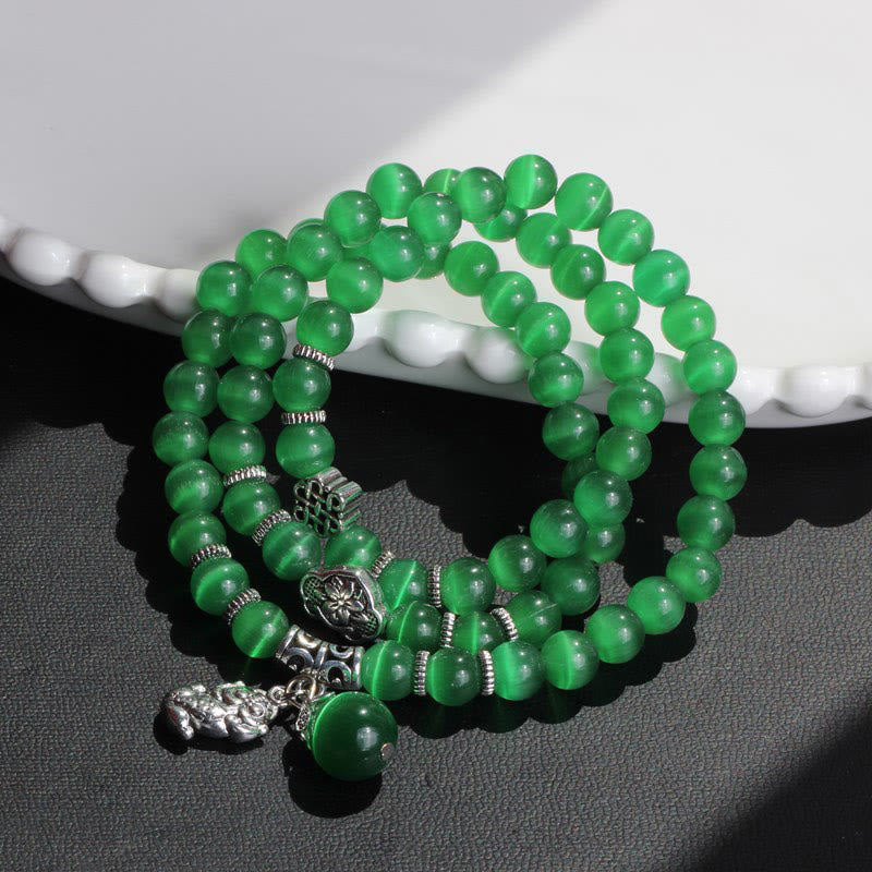 Pulsera de triple vuelta con soporte PiXiu de ojo de gato y Buddha Stones