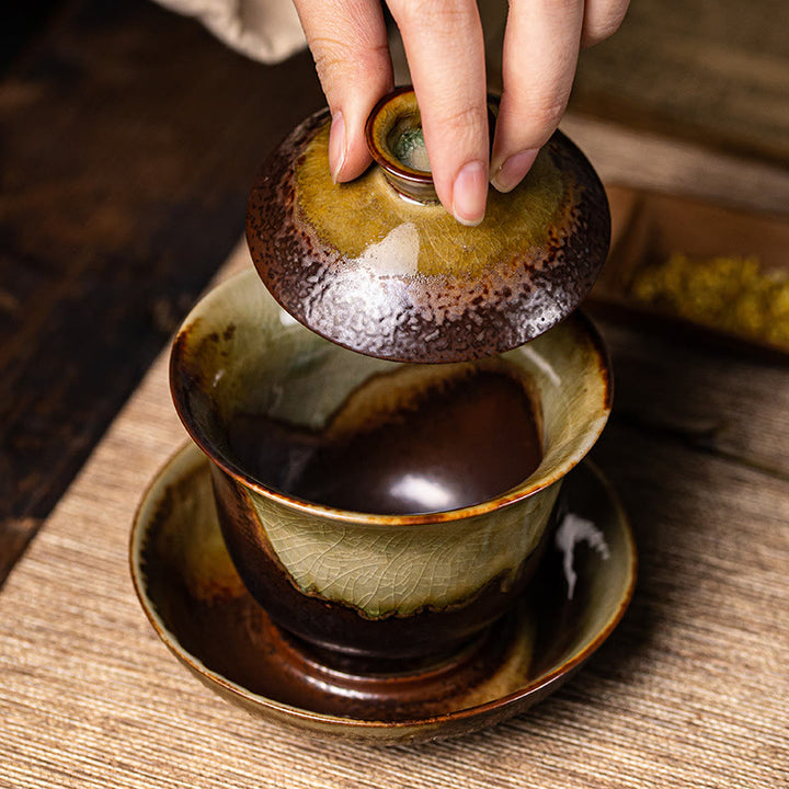 Buddha Stones Vintage marrón horno cambiar diseño porcelana cerámica Gaiwan Sancai taza de té Kung Fu y platillo con tapa