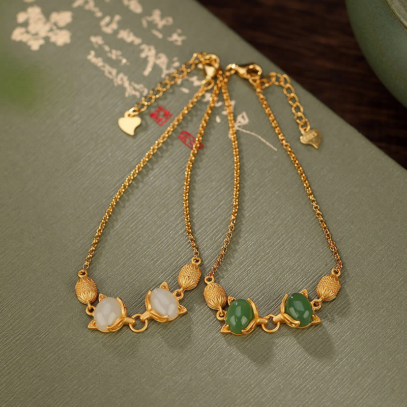 Buddha Stones Plata de Ley 925 Natural Hetian blanco Jade cian Jade encantadora pulsera de la suerte de zorro - image 1