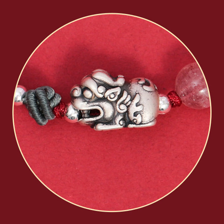 Pulsera trenzada de plata de ley 999 con Buddha Stones PiXiu, cuentas de cuarzo fresa, riqueza y suerte