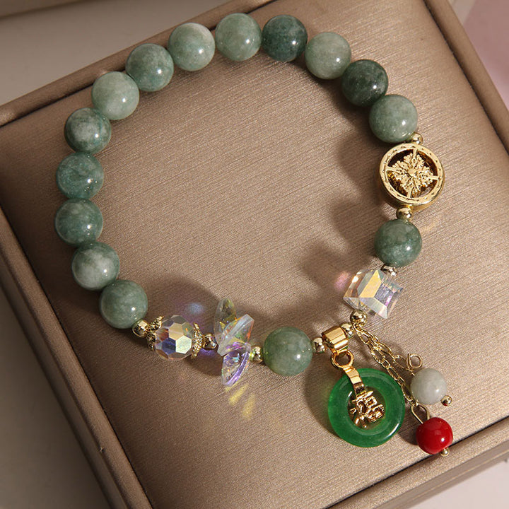 Pulsera curativa con dije de personaje Fu de jade, cuarzo fresa y piedras de Buddha Stones