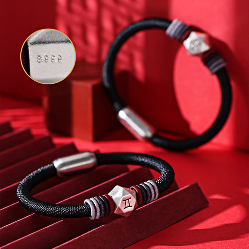 Pulsera de hilo hecha a mano con Buddha Stones de plata de ley 999 con 12 constelaciones del zodíaco