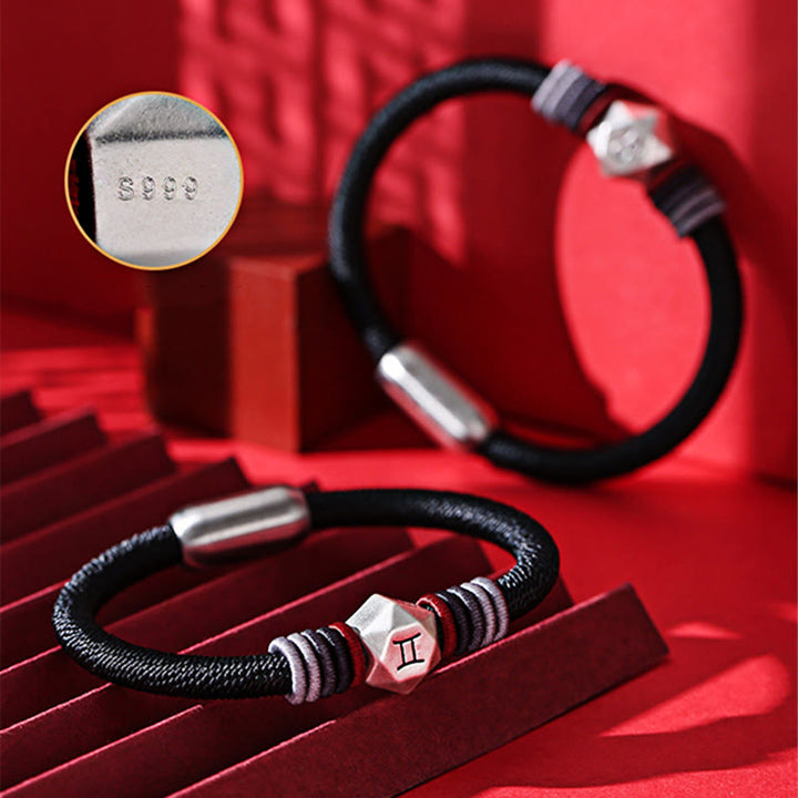 Pulsera de hilo hecha a mano con Buddha Stones de plata de ley 999 con 12 constelaciones del zodíaco
