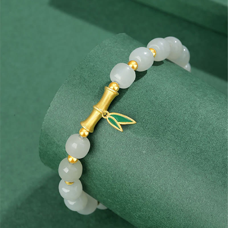 Pulsera de la suerte de bambú de jade blanco hetiano de plata de ley 925 con Buddha Stones