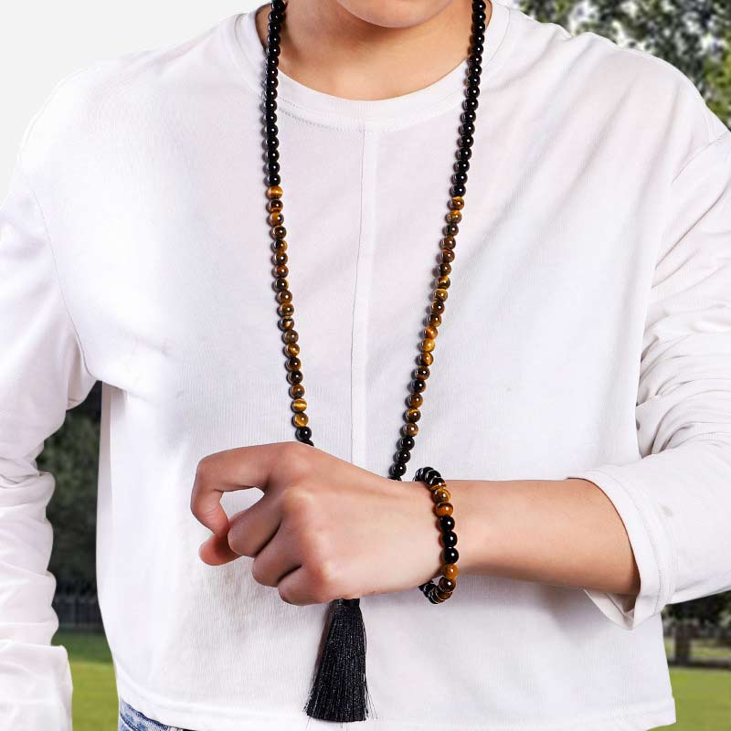 Juego de collar de protección de ojo de tigre de ónix negro tibetano con Buddha Stones