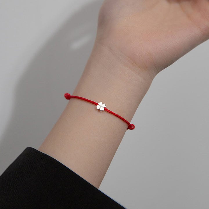 Pulsera de cuerda roja con trébol de cuatro hojas de plata de ley 925 con Buddha Stones