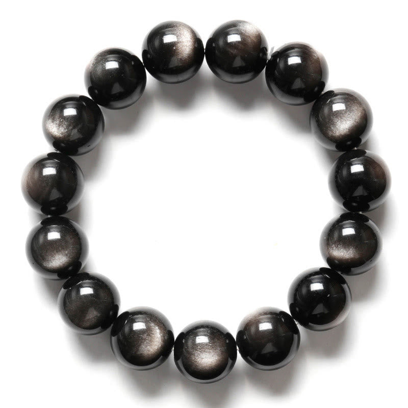 Pulsera de protección calmante de obsidiana brillante de plata natural con Buddha Stones