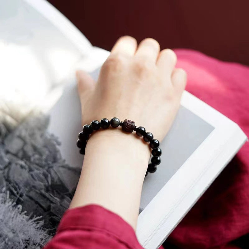 Pulsera curativa con carácter de obsidiana arcoíris de obsidiana con brillo de oro natural con Buddha Stones Om Mani Padme Hum Fu