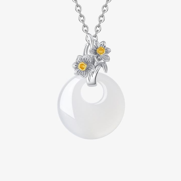 Colgante de collar de armonía de flores de doce meses de calcedonia redonda de plata de ley 925 con Buddha Stones