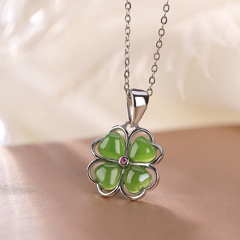 Buddha Stones de plata de ley 925, colgante de collar curativo con trébol de cuatro hojas de la suerte, Jade cian hetiano