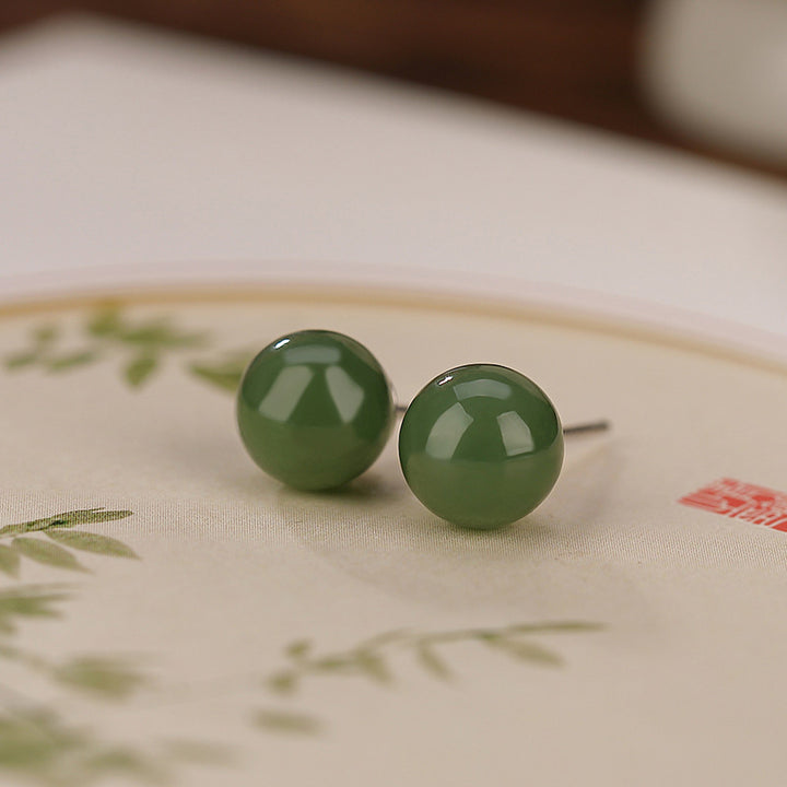 Pendientes de tuerca de plata de ley 925 con Buddha Stones , redondos, jade cian curativo y tranquilo