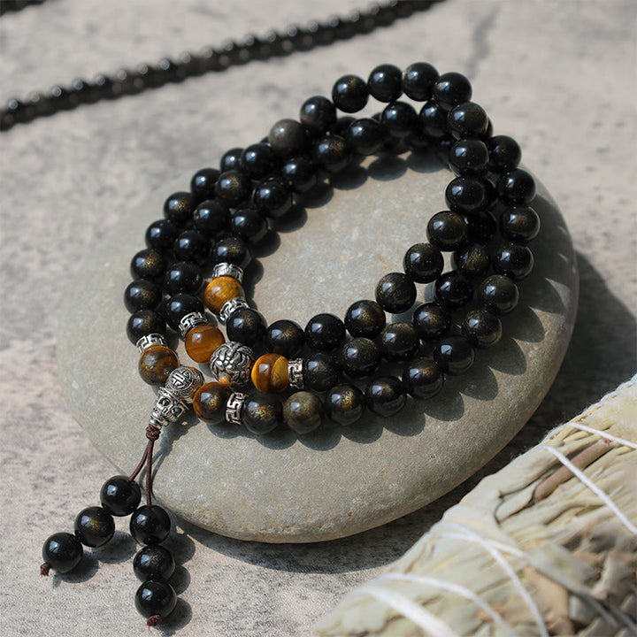 Collar Pulsera Energía Obsidiana Dorada