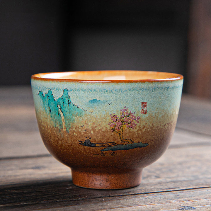 Buddha Stones, ciervo colorido, Pipa, nieve, flores de ciruelo, montañas, ríos, pájaro, taza de té de cerámica, tazón de té de Kung Fu