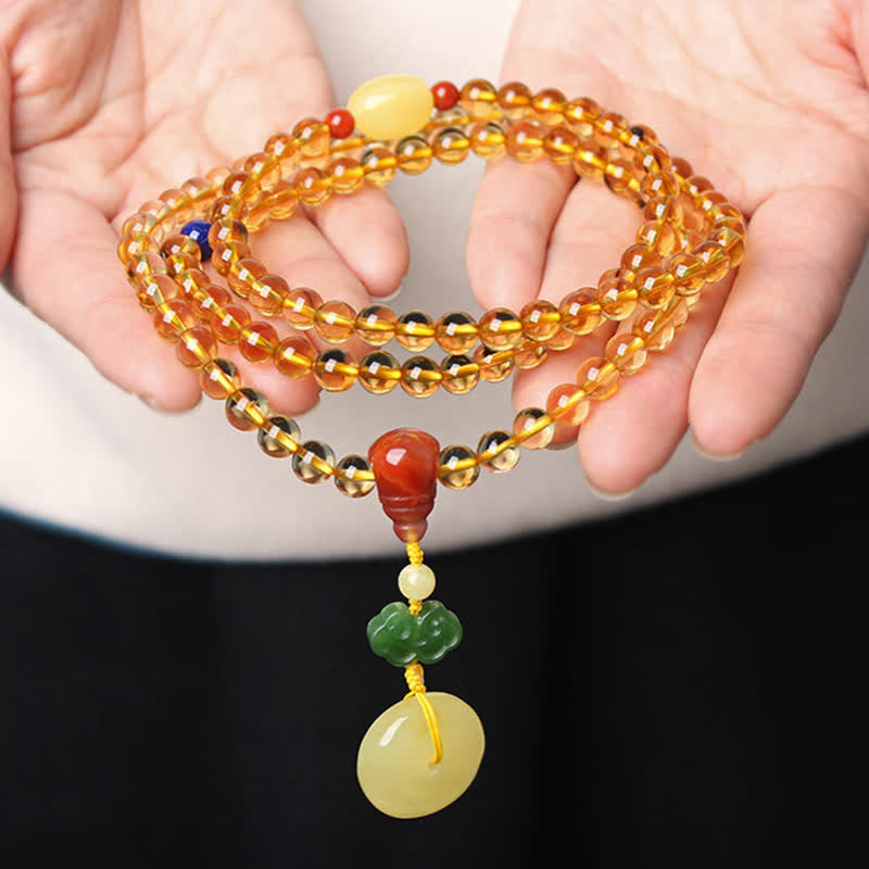 108 cuentas de Mala, citrino Natural, ámbar, hebilla de la paz, ágata roja, pulsera de protección PiXiu