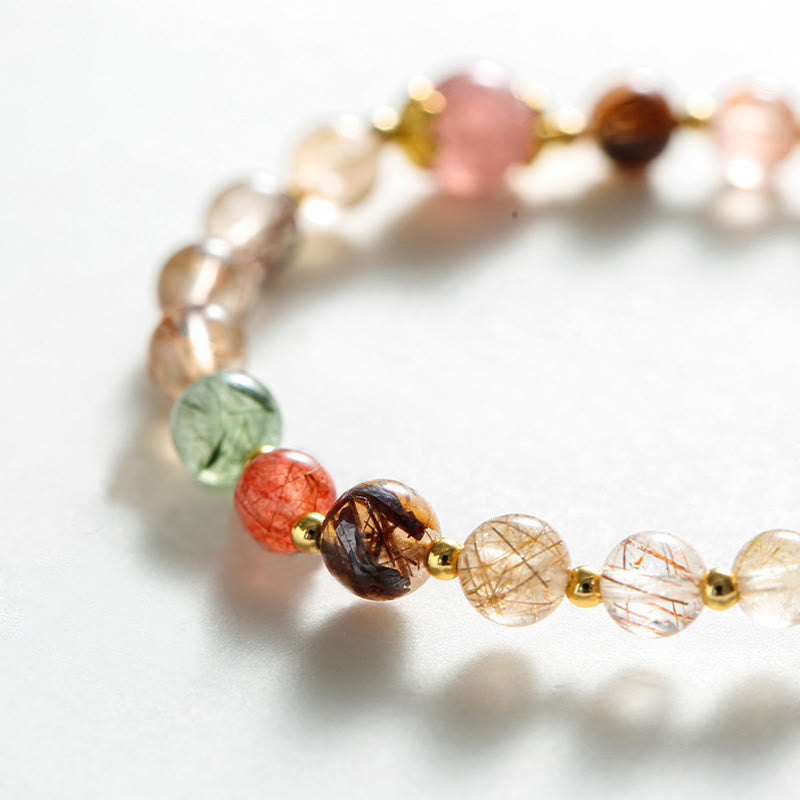 Pulsera de riqueza PiXiu de cuarzo fresa de cuarzo rutilado natural con Buddha Stones