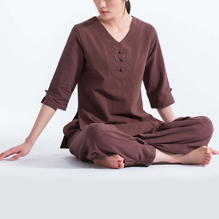 Conjunto de ropa de lino y algodón con diseño de cuello en V para mujer, uniforme de práctica Zen, Buddha Stones, Yoga, meditación y oración - image 9
