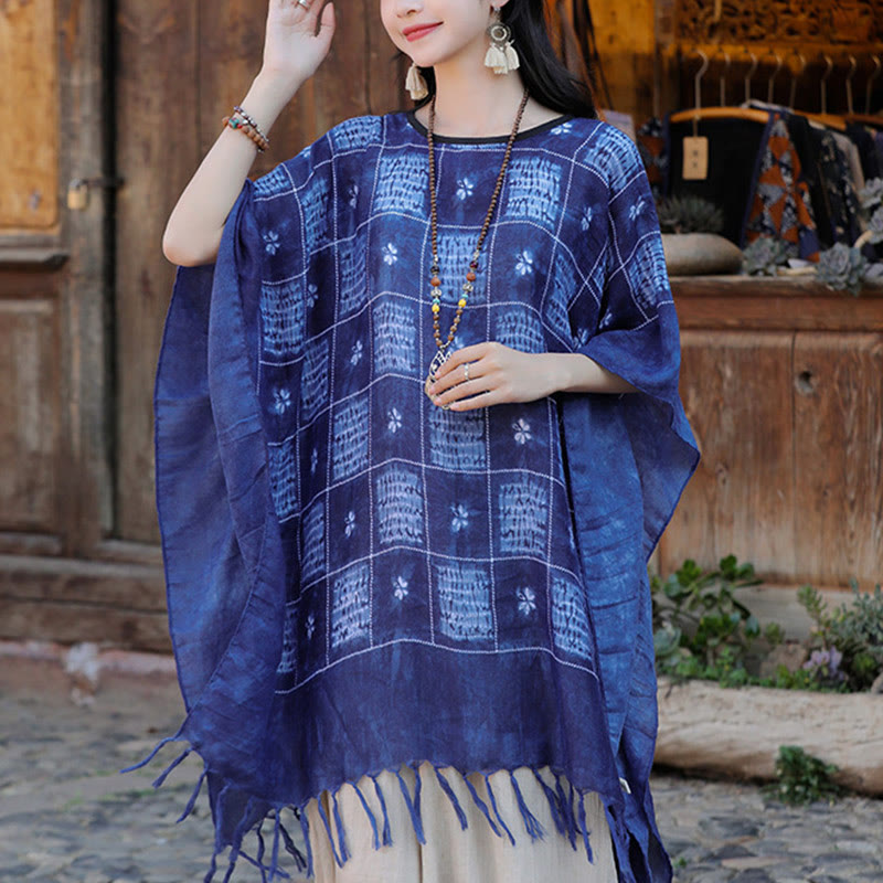 Jersey suave con borlas y chal a cuadros con bloques de Color azul de Buddha Stones 90*95cm