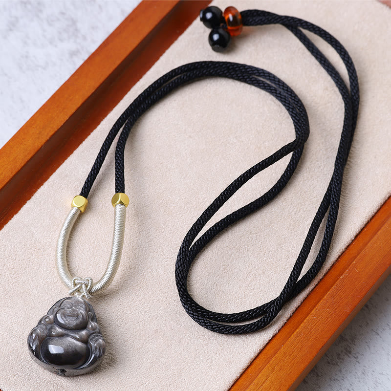 Colgante de collar de protección de Buda sonriente de obsidiana brillante de plata natural con Buddha Stones - Collar negro de Buda sonriente - image 10