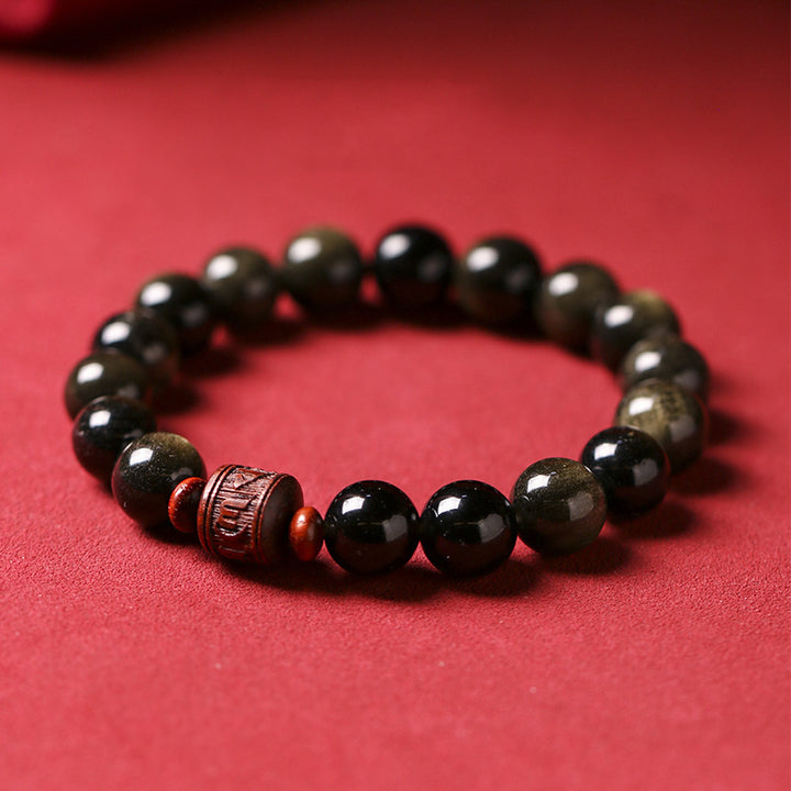 Pulsera curativa con carácter de obsidiana arcoíris de obsidiana con brillo de oro natural con Buddha Stones Om Mani Padme Hum Fu